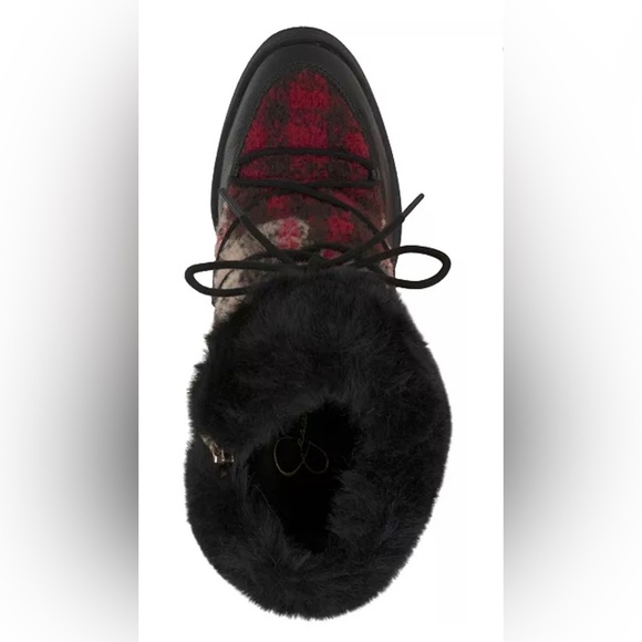 Jessica Simpson Myina red plaid Faux fur ankle laceup wedge platform Boots sz 9 - Picture 9 of 10